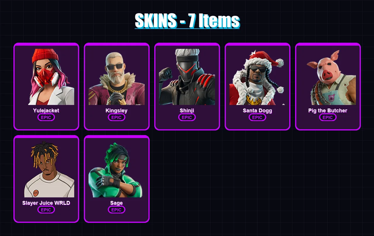 [PC/XBOX/PSN] | Yulejacket | Kingsley | Shinji | Santa Dogg | Pig the Butcher | 7 skin | 39 pickaxe | 11 emote | 21 glider | Lv226