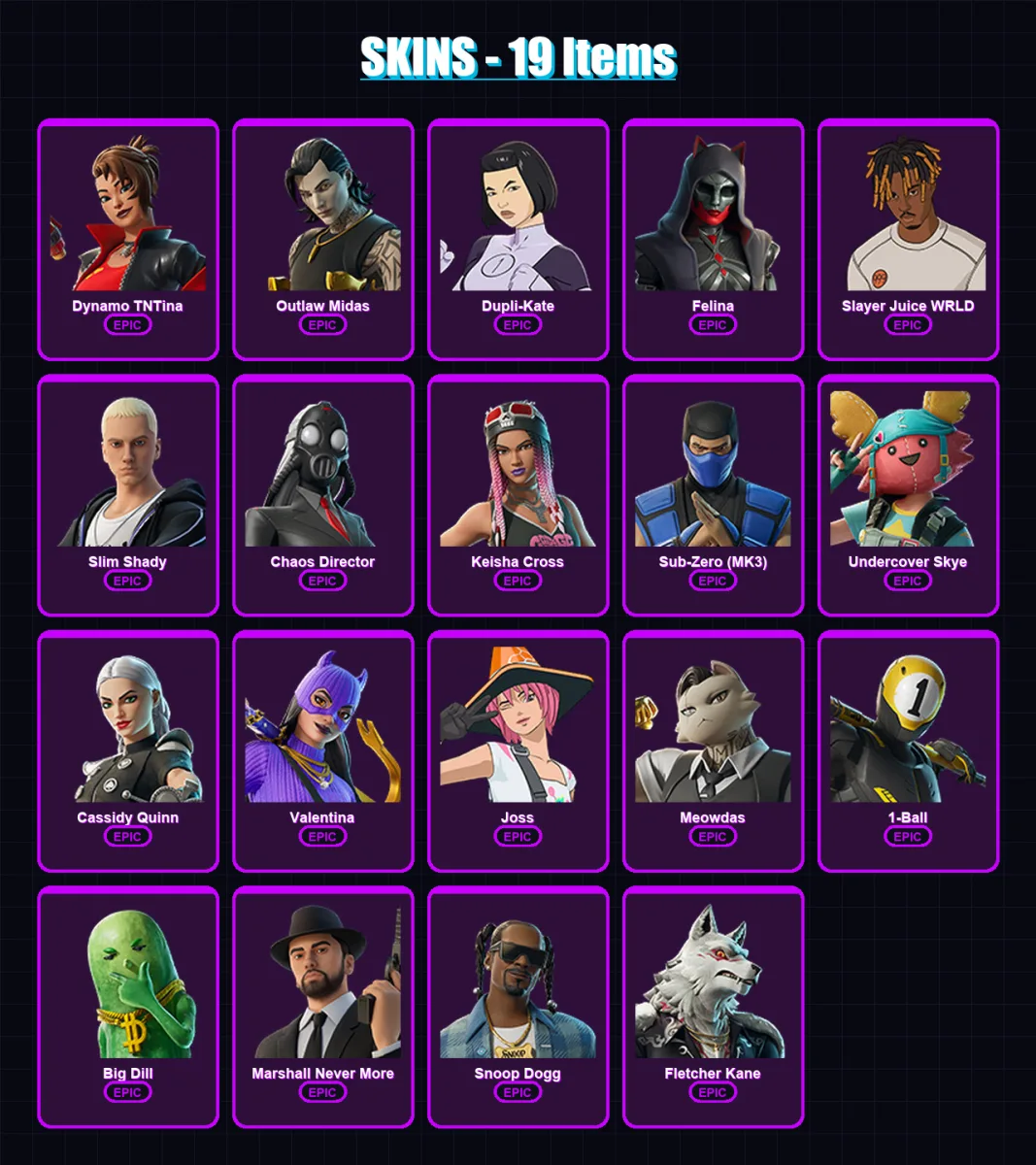[PC/XBOX] | Dynamo TNTina | Outlaw Midas | Dupli-Kate | Felina | Slayer Juice WRLD | 19 skin | 36 pickaxe | 23 emote | 26 glider | Lv327