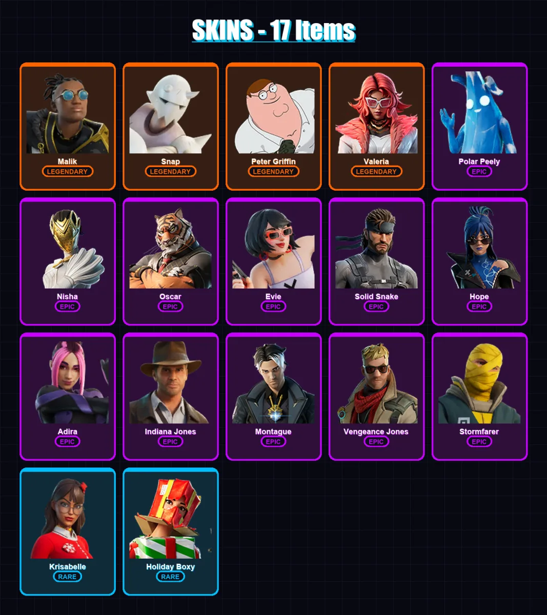 [PC/XBOX] | Malik | Snap | Peter Griffin | Valeria | Polar Peely | 17 skin | 28 pickaxe | 29 emote | 29 glider | Lv588