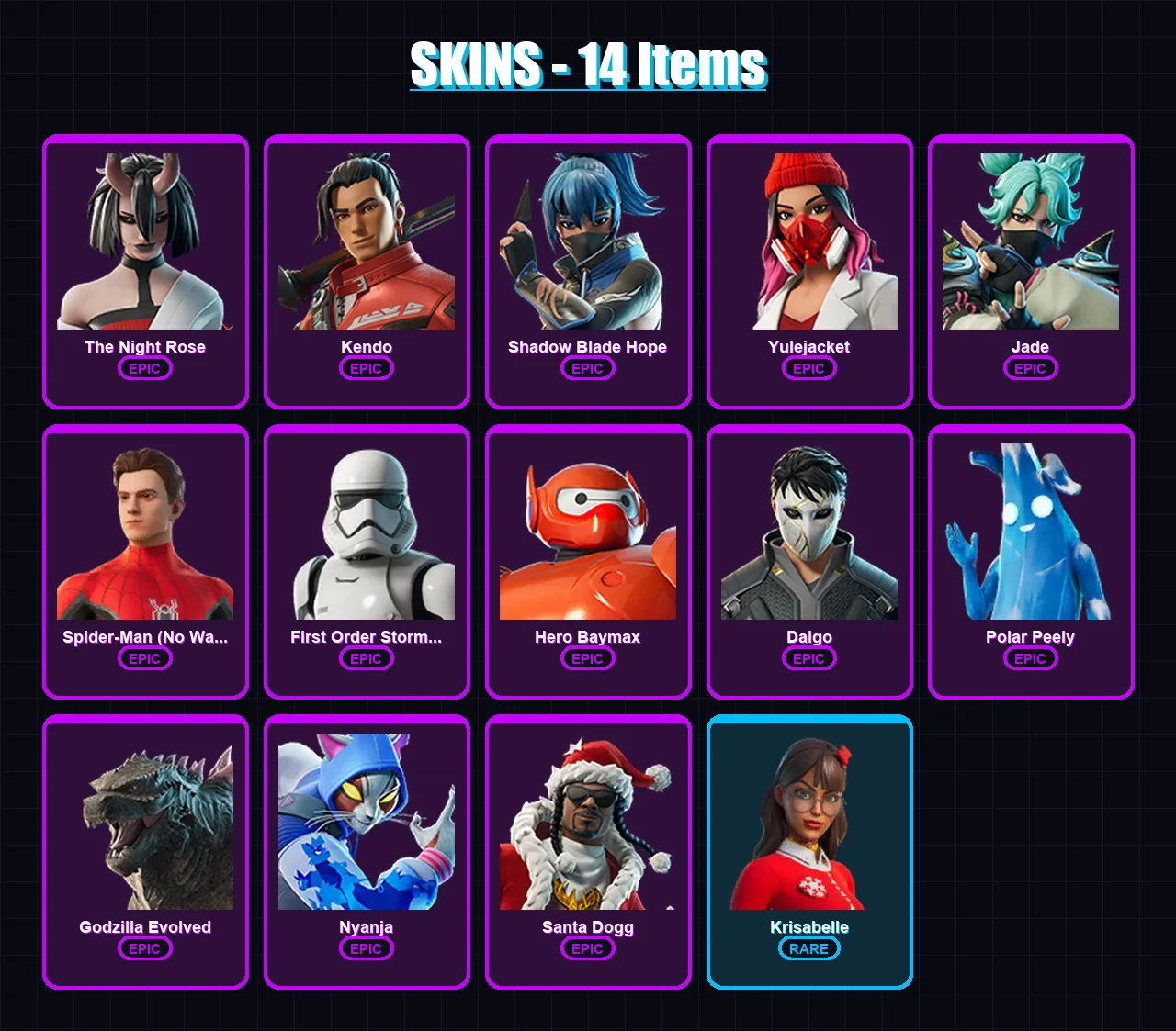 [PC/XBOX/PSN] | The Night Rose | Kendo | Shadow Blade Hope | Yulejacket | Jade | 14 skin | 53 pickaxe | 28 emote | 38 glider | Lv461
