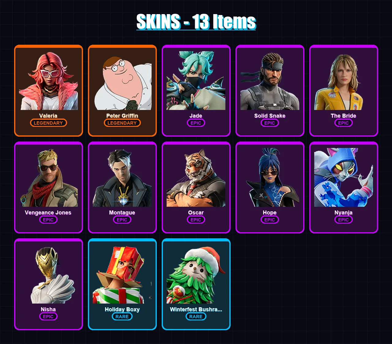 [PC/XBOX/PSN] | Valeria | Peter Griffin | Jade | Solid Snake | The Bride | 13 skin | 21 pickaxe | 14 emote | 25 glider | Lv274
