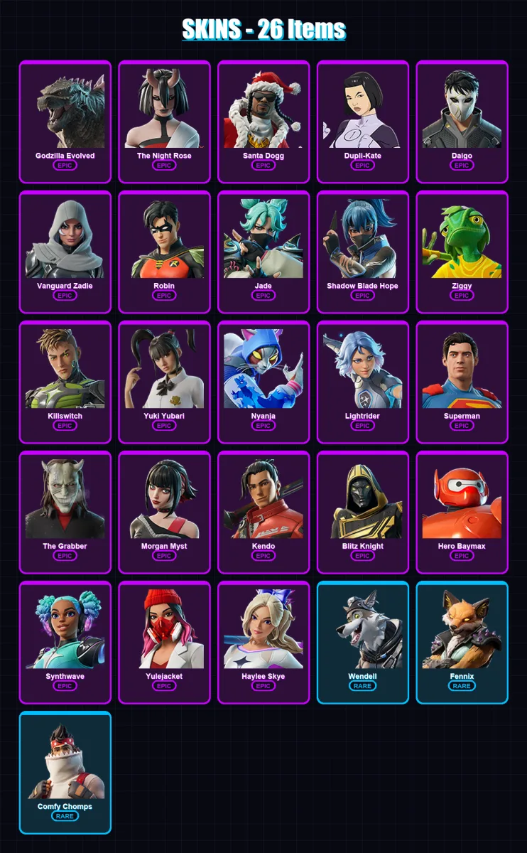 [PC/PSN] | Godzilla Evolved | The Night Rose | Santa Dogg | Dupli-Kate | Daigo | 26 skin | 64 pickaxe | 43 emote | 41 glider | Lv725 — Fortnite account