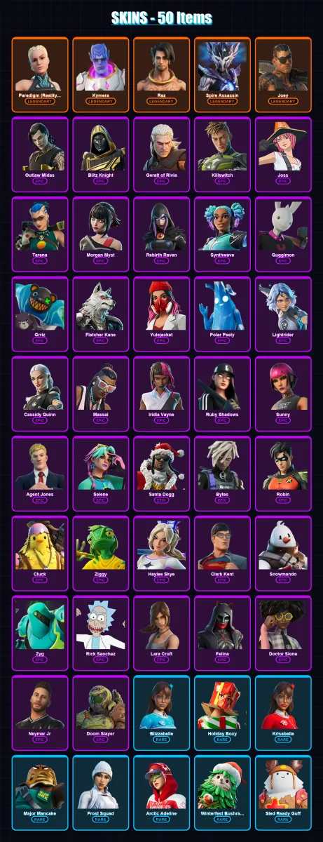 [PC/XBOX] | Paradigm (Reality-659) | Kymera | Raz | Spire Assassin | Joey | 50 skin | 106 pickaxe | 74 emote | 93 glider | Lv1628 — Fortnite account