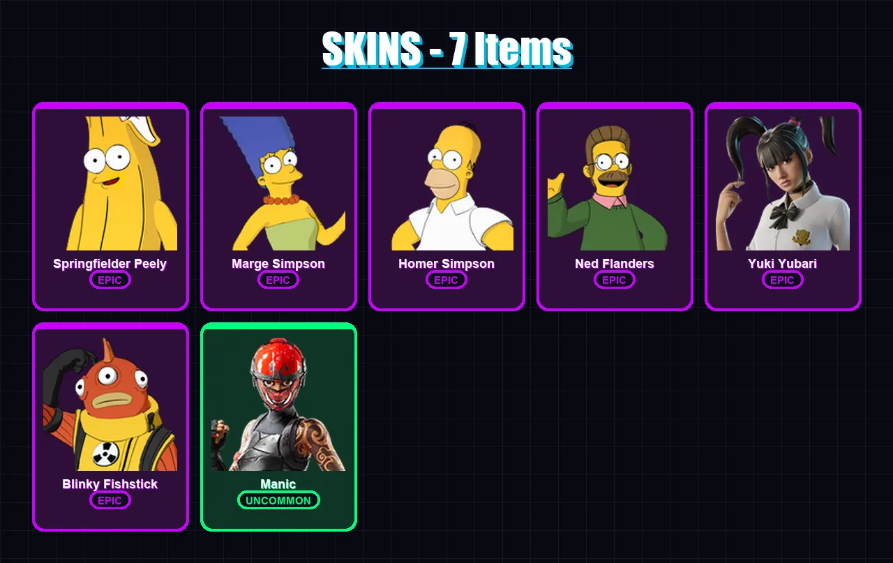 [PC/XBOX/PSN] | Springfielder Peely | Marge Simpson | Homer Simpson | Ned Flanders | Yuki Yubari | 7 skin | 11 pickaxe | 8 emote | 9 glider | Lv80