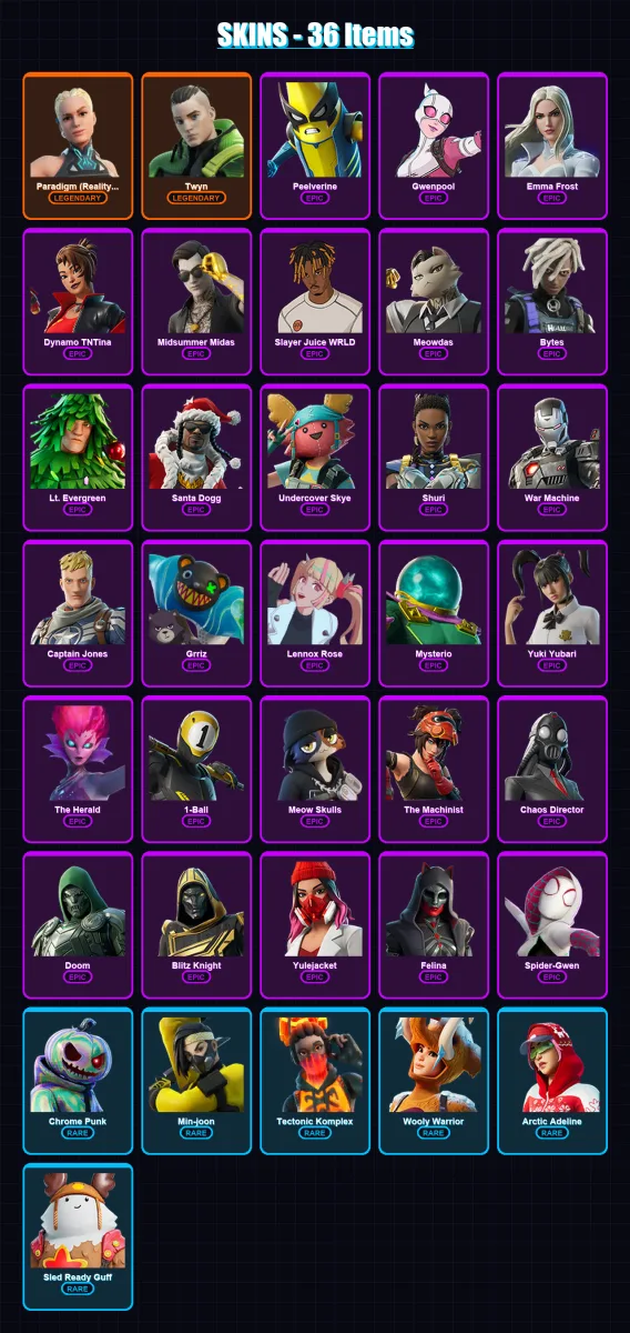 [PC/PSN] | Paradigm (Reality-659) | Twyn | Peelverine | Gwenpool | Emma Frost | 36 skin | 92 pickaxe | 58 emote | 66 glider | Lv959