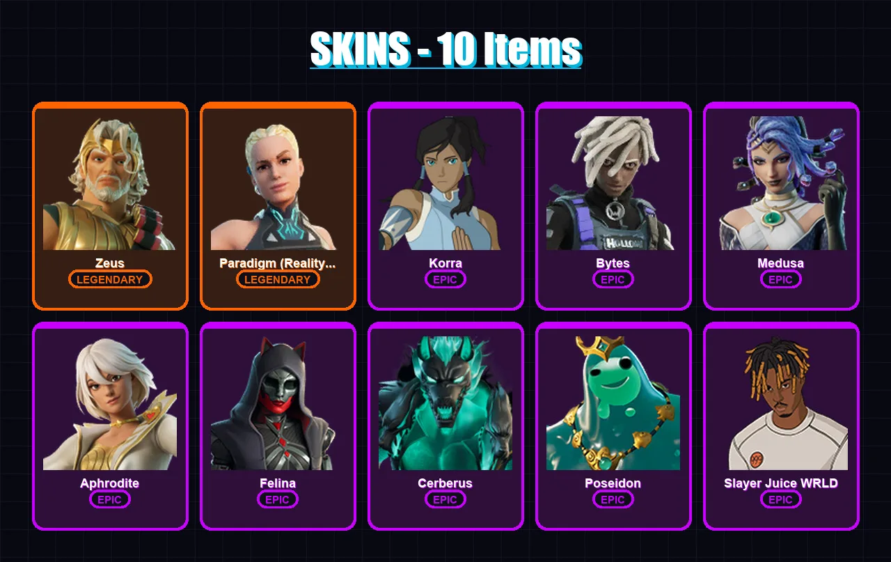 [PC/XBOX/PSN] | Zeus | Paradigm (Reality-659) | Korra | Bytes | Medusa | 10 skin | 26 pickaxe | 15 emote | 23 glider | Lv299