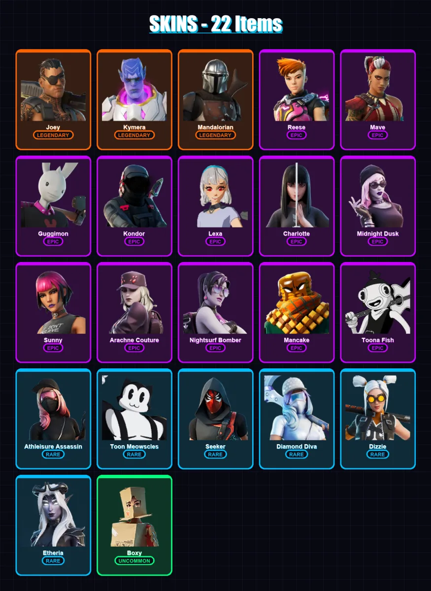 [PC/XBOX/PSN] | Joey | Kymera | Mandalorian | Reese | Mave | 22 skin | 21 pickaxe | 13 emote | 21 glider | Lv321