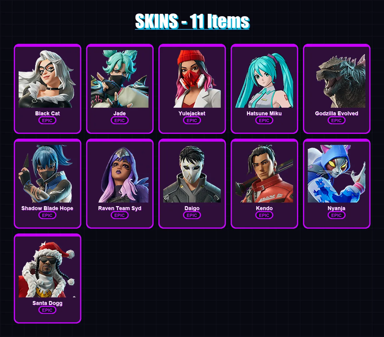 [PC/XBOX/PSN] | Black Cat | Jade | Yulejacket | Hatsune Miku | Godzilla Evolved | 11 skin | 19 pickaxe | 11 emote | 8 glider | Lv72