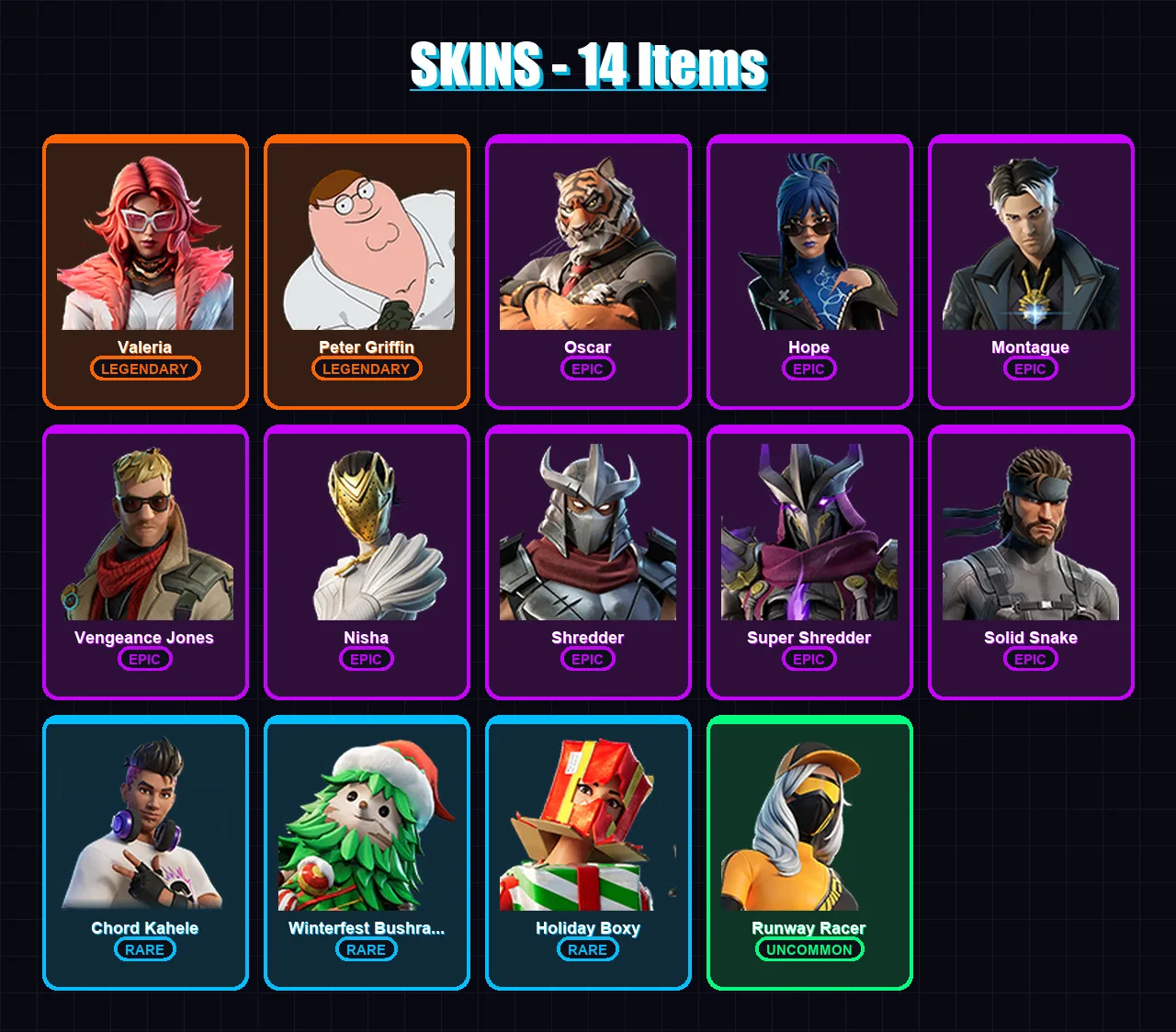 [PC] | Valeria | Peter Griffin | Oscar | Hope | Montague | 14 skin | 39 pickaxe | 24 emote | 34 glider | Lv516