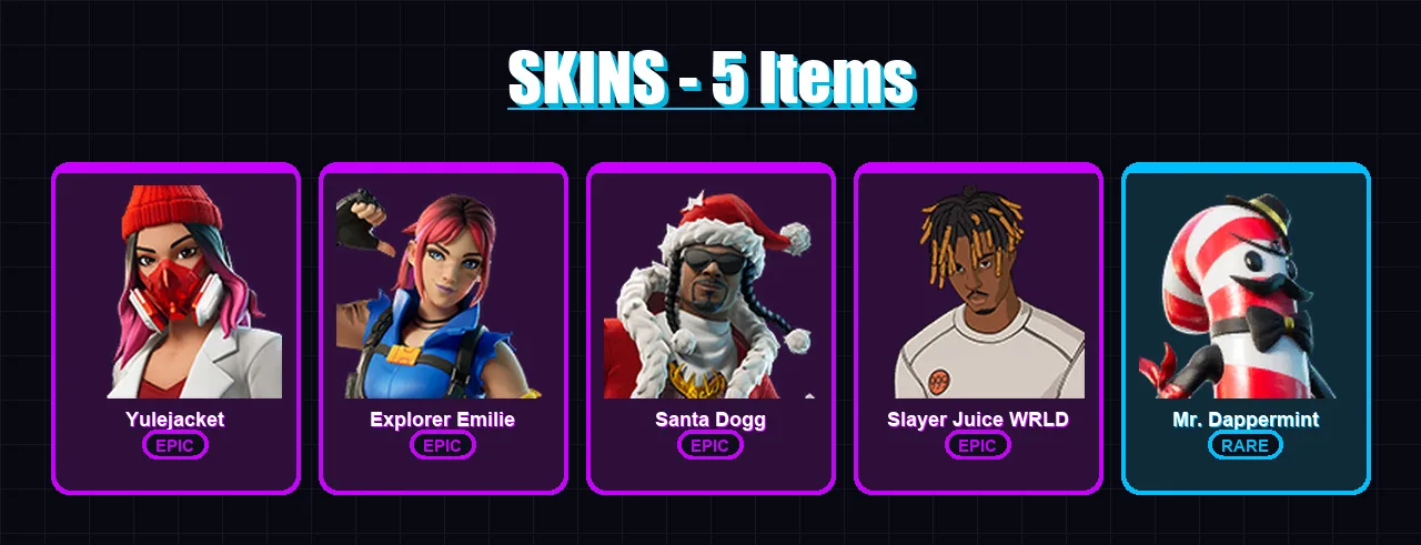 [PC/XBOX/PSN] | Yulejacket | Explorer Emilie | Santa Dogg | Slayer Juice WRLD | Mr. Dappermint | 5 skin | 6 pickaxe | 3 emote | 4 glider | Lv17