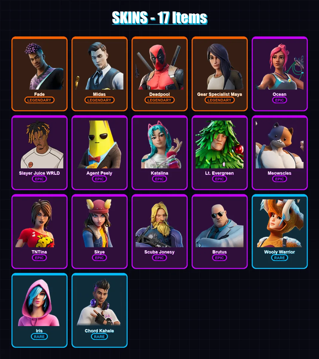 [PC/XBOX/PSN] | Fade | Midas | Deadpool | Gear Specialist Maya | Ocean | 17 skin | 28 pickaxe | 24 emote | 23 glider | Lv364