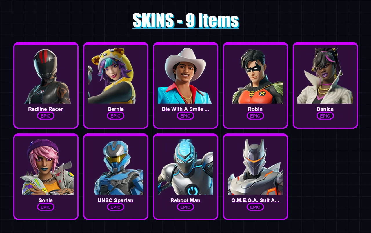 [PC/XBOX/PSN] | Redline Racer | Bernie | Die With A Smile Bruno | Robin | Danica | 9 skin | 3 pickaxe | 2 emote | 1 glider | Lv4