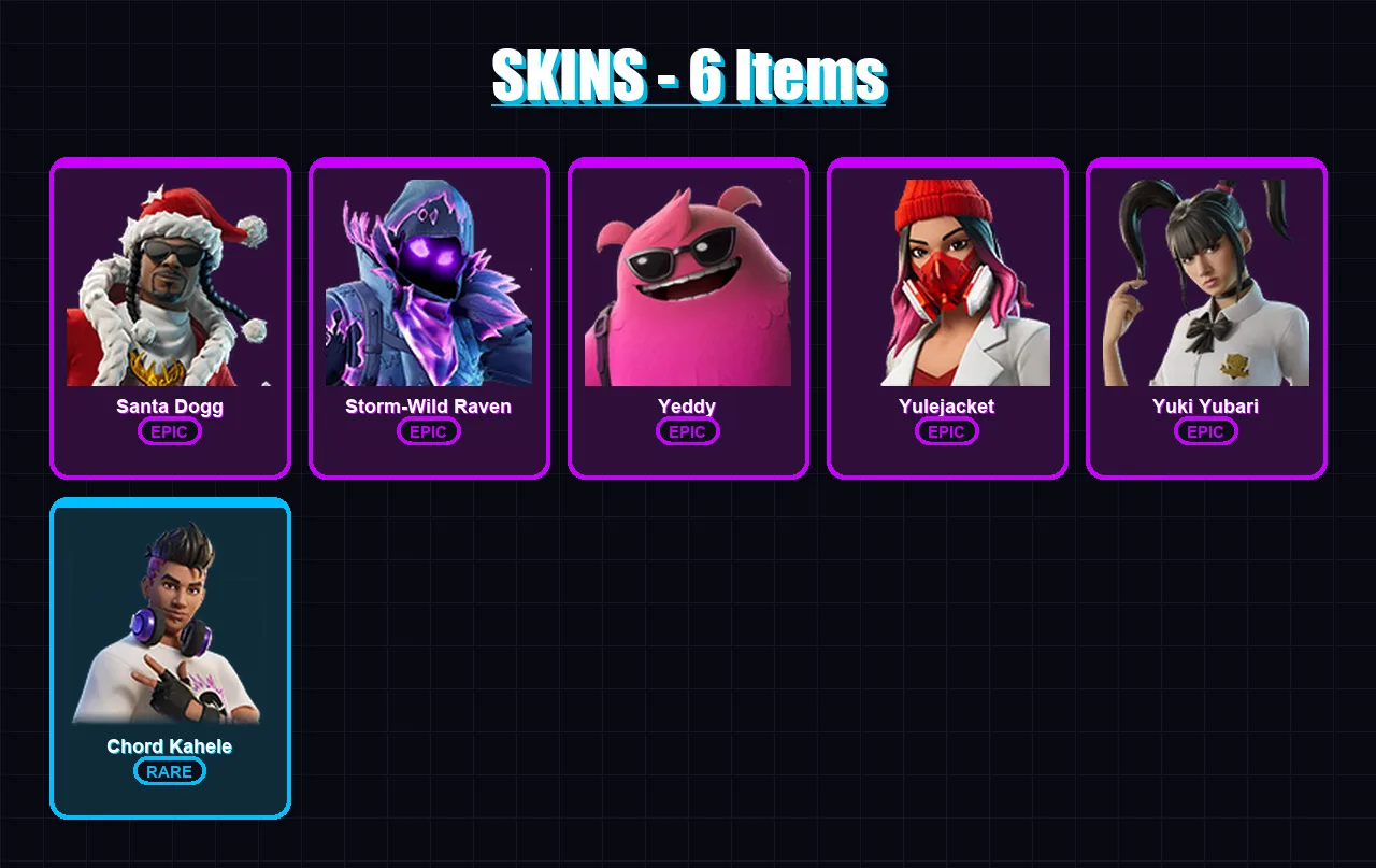 [PC/XBOX] | Santa Dogg | Storm-Wild Raven | Yeddy | Yulejacket | Yuki Yubari | 6 skin | 19 pickaxe | 7 emote | 13 glider | Lv102
