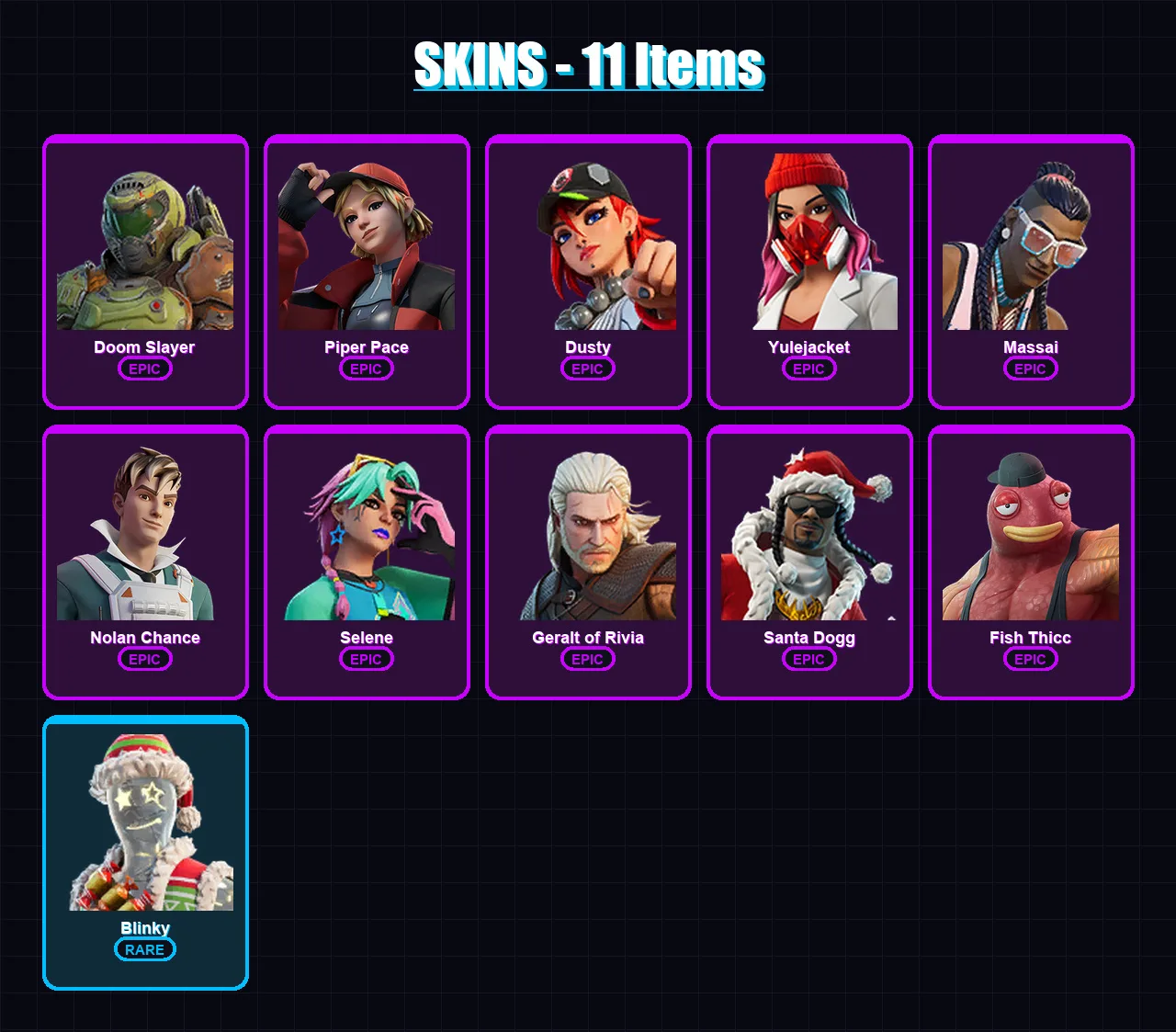 [PS4/PS5/PC] | Doom Slayer | Piper Pace | Dusty | Yulejacket | Massai | 11 skin | 42 pickaxe | 21 emote | 29 glider | Lv301