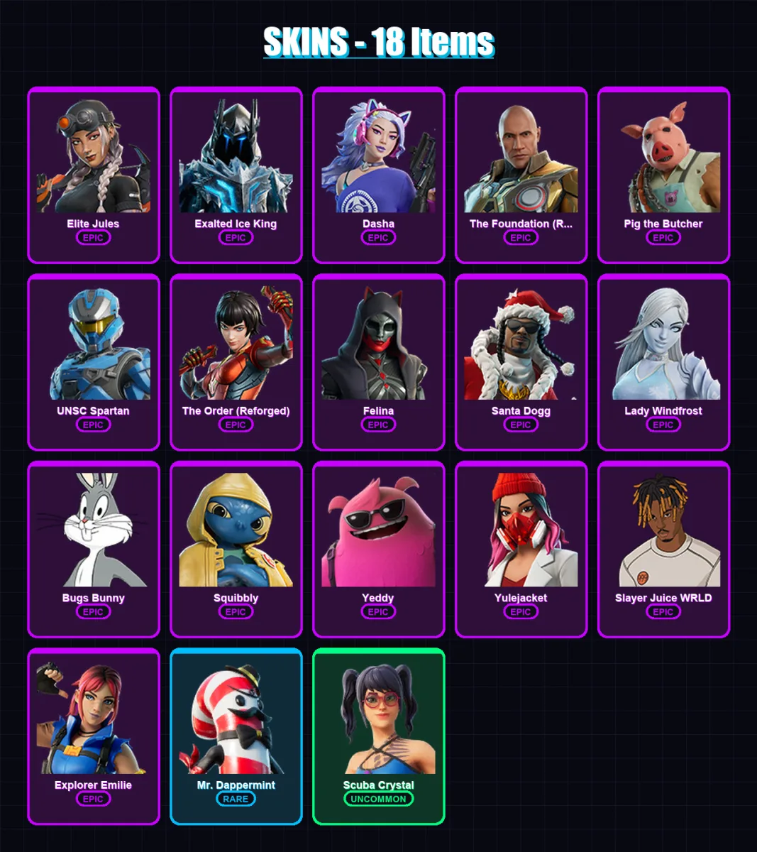 [PC/PSN] | Elite Jules | Exalted Ice King | Dasha | The Foundation (Reforged) | Pig the Butcher | 18 skin | 81 pickaxe | 37 emote | 50 glider | Lv89