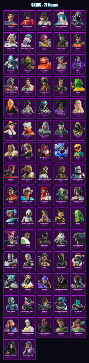 [PC/PSN] | Superman | Carmine Rosso | Danica | Neko Hatsune Miku | Sir Raven | 77 skin | 110 pickaxe | 68 emote | 72 glider | Lv563