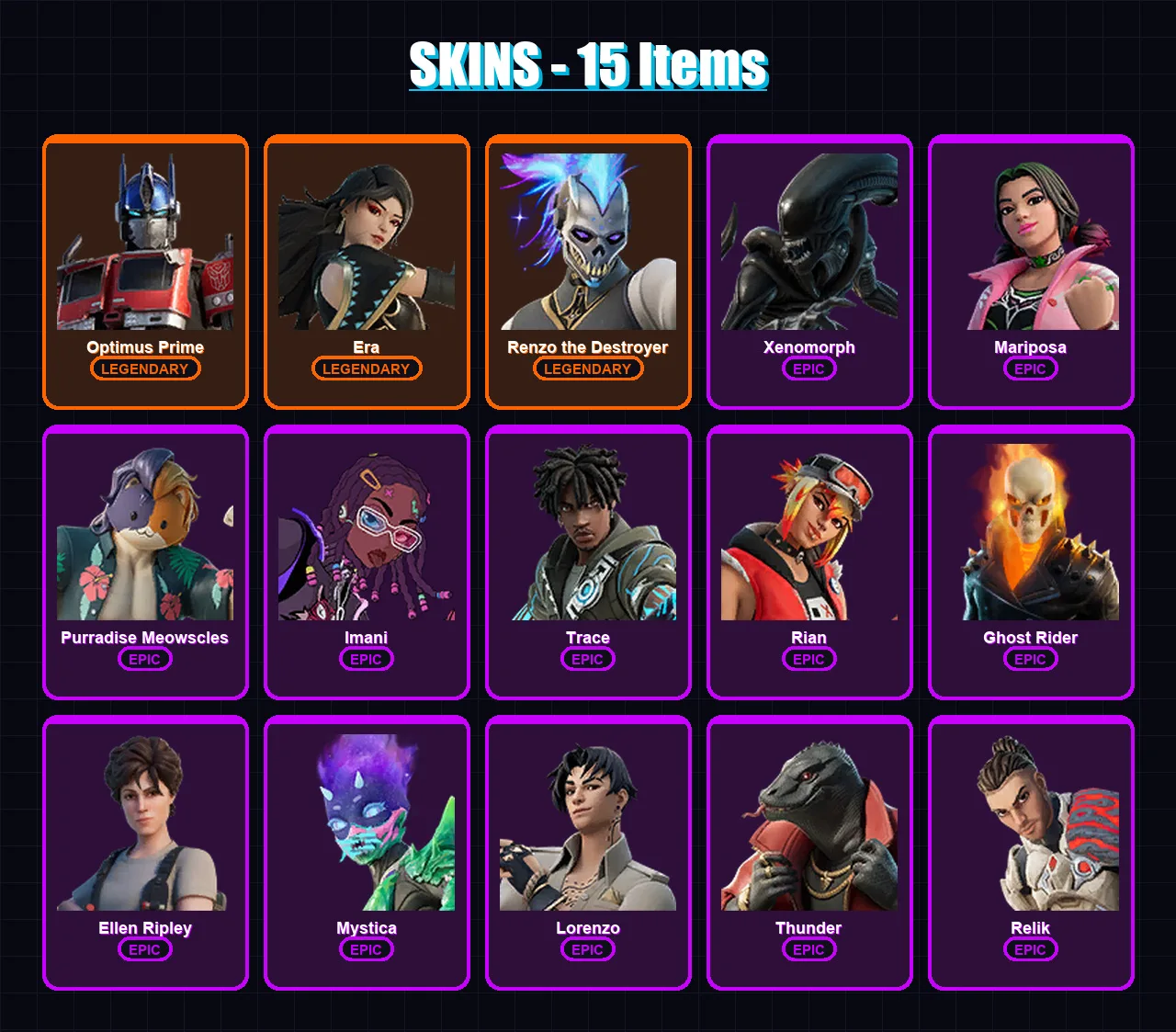 [PS4/PS5/XBOX/PC] | Optimus Prime | Era | Renzo the Destroyer | Xenomorph | Mariposa | 15 skin | 23 pickaxe | 15 emote | 22 glider | Lv298 — Fortnite account