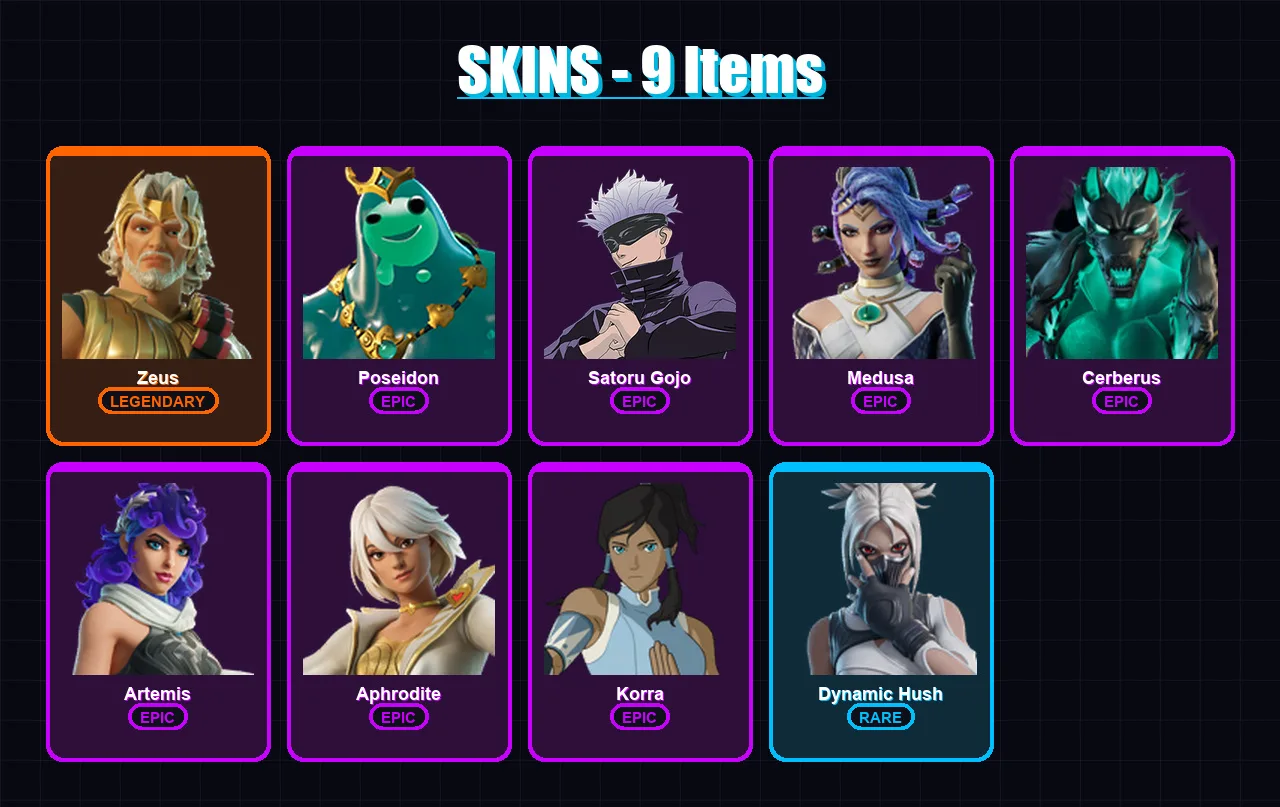 [PC/XBOX/PSN] | Zeus | Poseidon | Satoru Gojo | Medusa | Cerberus | 9 skin | 10 pickaxe | 9 emote | 8 glider | Lv87