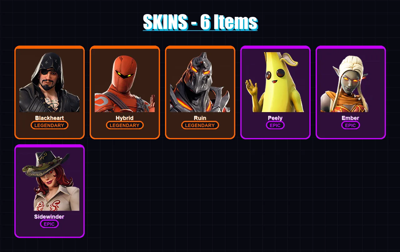 [PC/XBOX/PSN] | Blackheart | Hybrid | Ruin | Peely | Ember | 6 skin | 9 pickaxe | 12 emote | 10 glider | Lv111