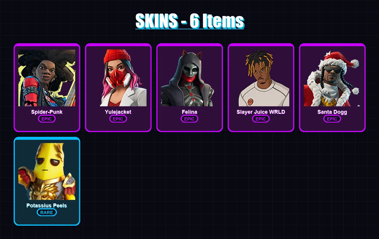 [PC/XBOX/PSN] | Spider-Punk | Yulejacket | Felina | Slayer Juice WRLD | Santa Dogg | 6 skin | 40 pickaxe | 19 emote | 23 glider | Lv415
