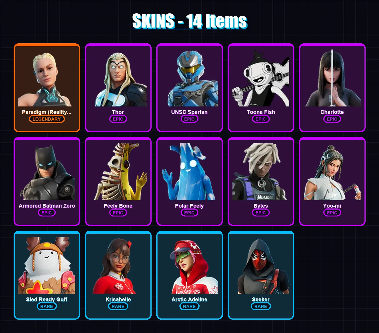 [PC] | Paradigm (Reality-659) | Thor | UNSC Spartan | Toona Fish | Charlotte | 14 skin | 31 pickaxe | 15 emote | 29 glider | Lv261