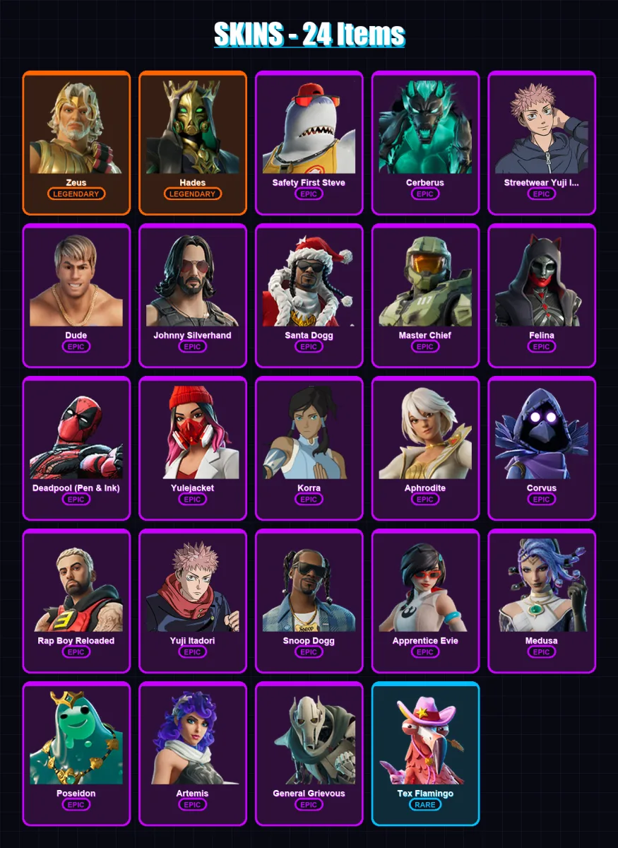 [PS4/PS5/XBOX/PC] | Zeus | Hades | Safety First Steve | Cerberus | Streetwear Yuji Itadori | 24 skin | 45 pickaxe | 36 emote | 31 glider | Lv324