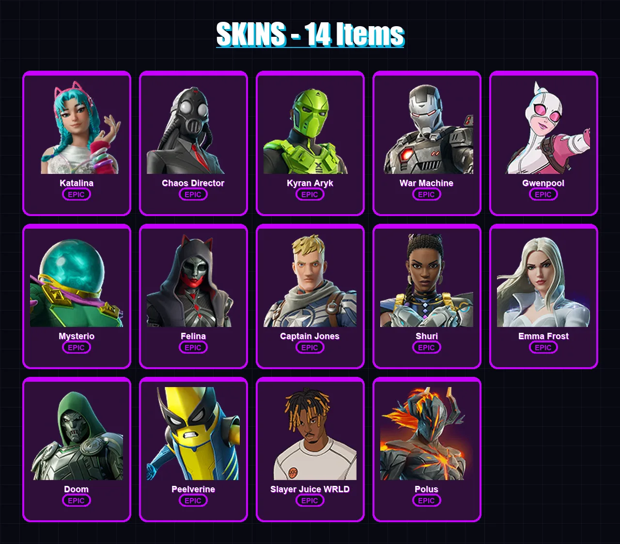 [PS4/PS5/XBOX/PC] | Katalina | Chaos Director | Kyran Aryk | War Machine | Gwenpool | 14 skin | 23 pickaxe | 15 emote | 13 glider | Lv145