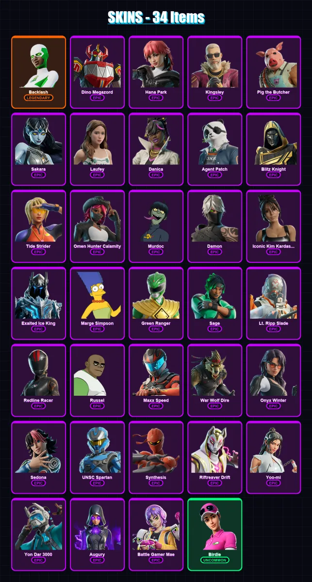 [PS4/PS5/XBOX/PC] | Backlash | Dino Megazord | Hana Park | Kingsley | Pig the Butcher | 34 skin | 52 pickaxe | 32 emote | 24 glider | Lv312