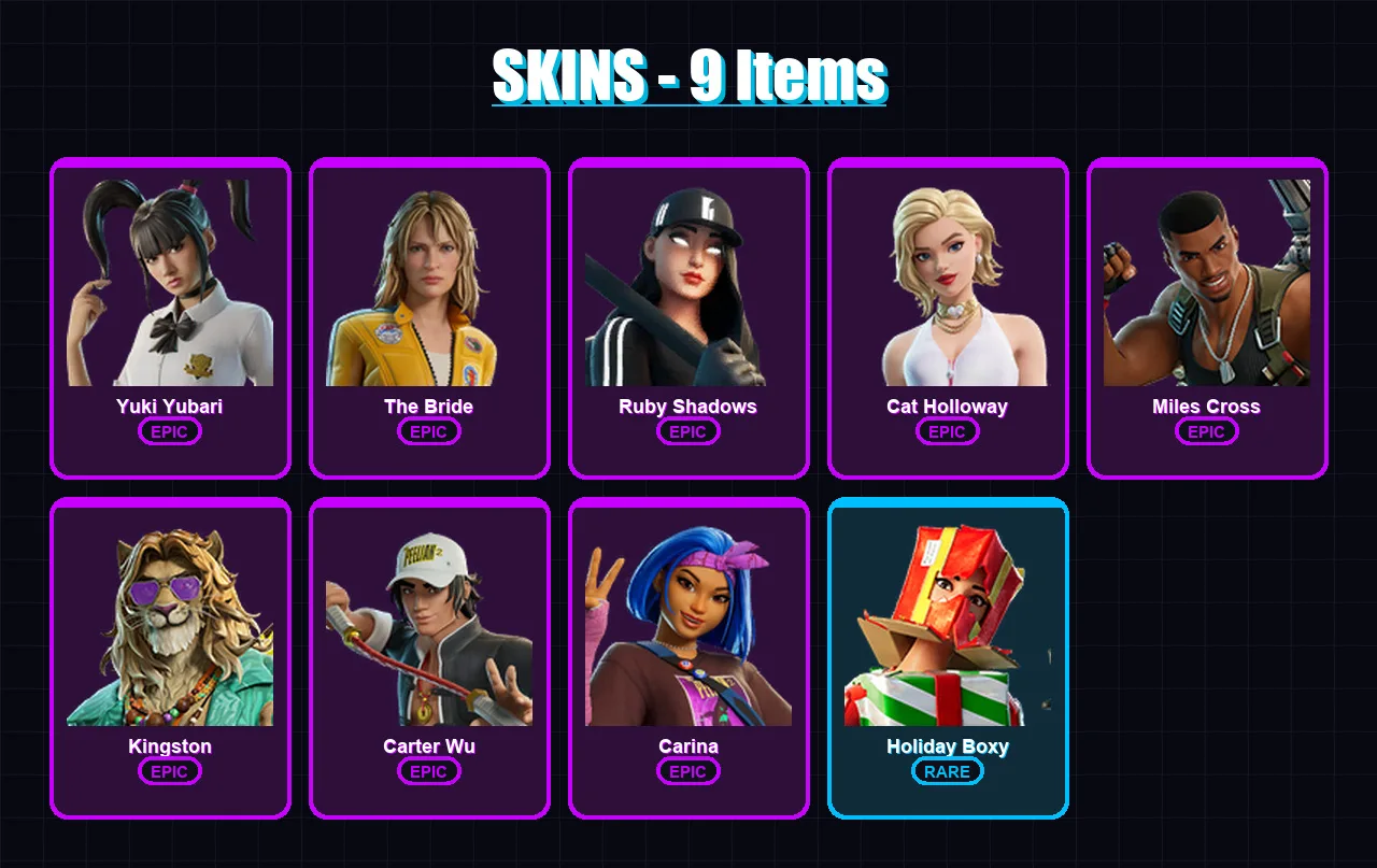 [PC/XBOX/PSN] | Yuki Yubari | The Bride | Ruby Shadows | Cat Holloway | Miles Cross | 9 skin | 29 pickaxe | 19 emote | 26 glider | Lv294