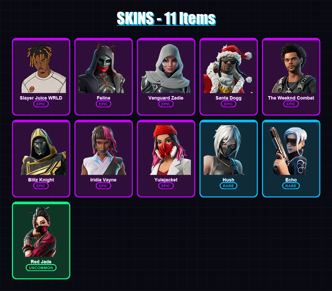 [PC/PSN] | Slayer Juice WRLD | Felina | Vanguard Zadie | Santa Dogg | The Weeknd Combat | 11 skin | 66 pickaxe | 31 emote | 36 glider | Lv661
