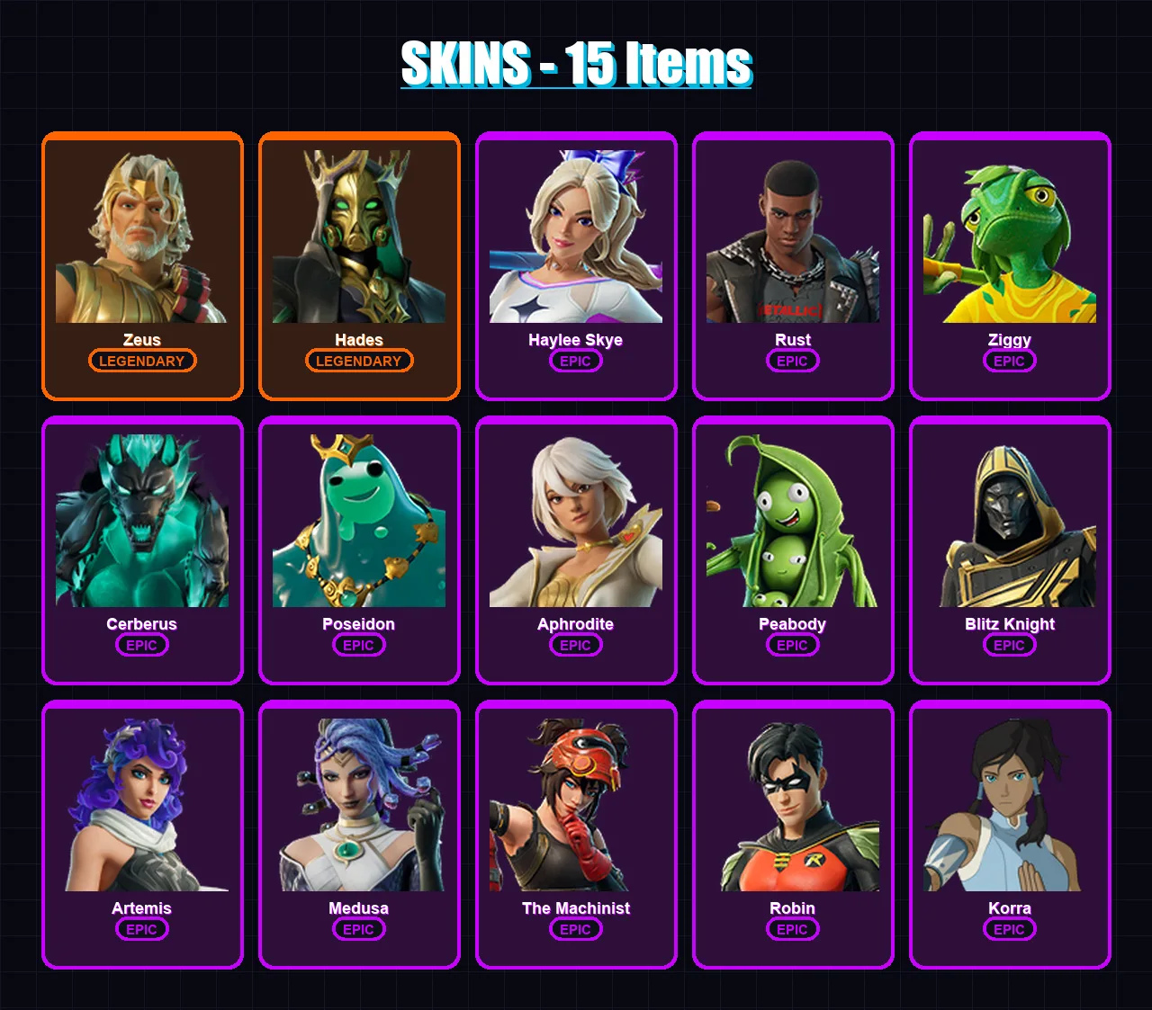 [PC/XBOX/PSN] | Zeus | Hades | Haylee Skye | Rust | Ziggy | 15 skin | 35 pickaxe | 21 emote | 36 glider | Lv344