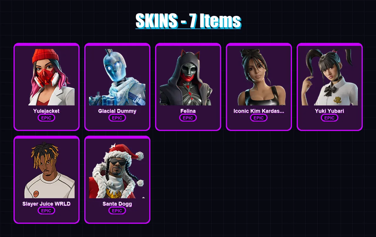 [PS4/PS5/XBOX/PC] | Yulejacket | Glacial Dummy | Felina | Iconic Kim Kardashian | Yuki Yubari | 7 skin | 34 pickaxe | 14 emote | 21 glider | Lv215
