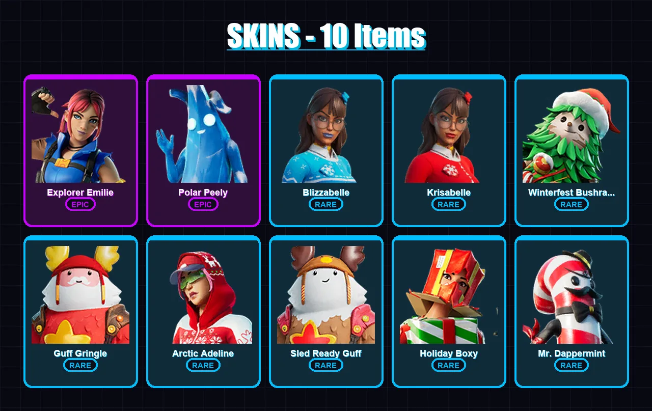 [PC/XBOX/PSN] | Explorer Emilie | Polar Peely | Blizzabelle | Krisabelle | Winterfest Bushranger | 10 skin | 5 pickaxe | 5 emote | 6 glider | Lv16