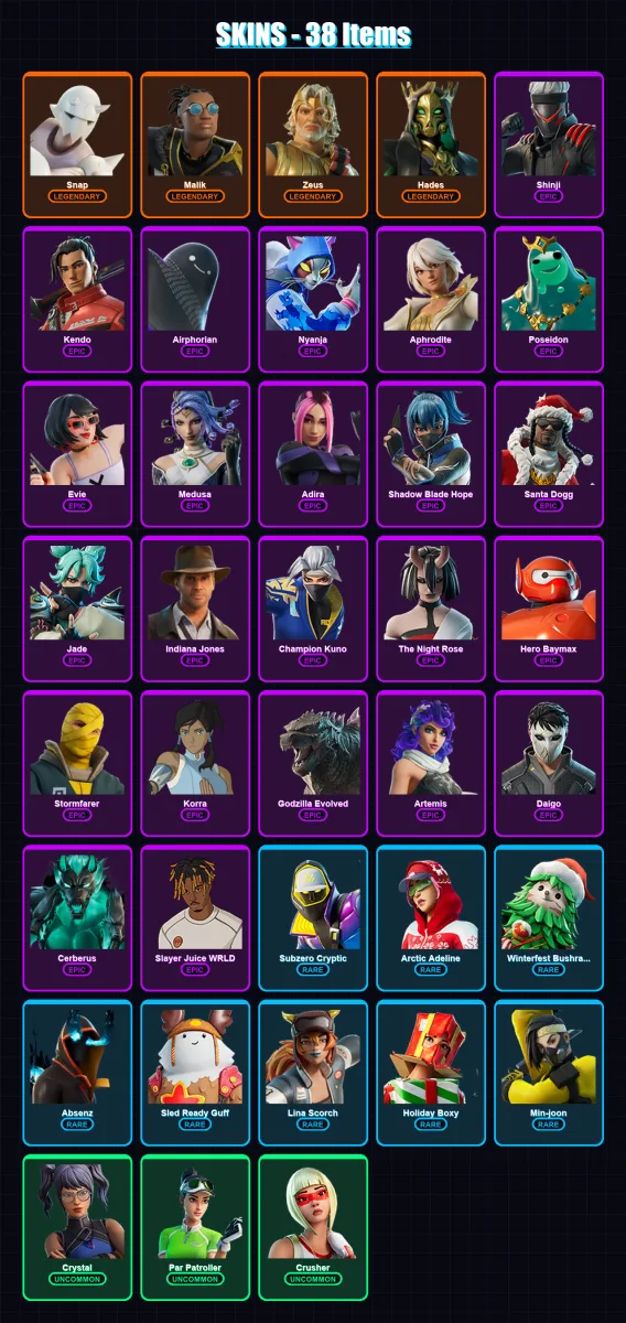 [PS4/PS5/PC] | Snap | Malik | Zeus | Hades | Shinji | 38 skin | 76 pickaxe | 55 emote | 54 glider | Lv900