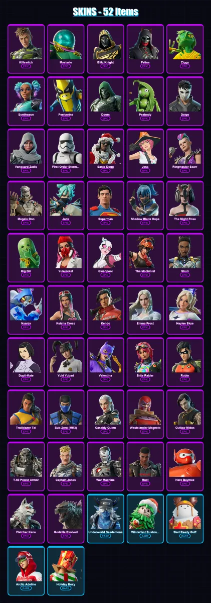 [PC/XBOX] | Killswitch | Mysterio | Blitz Knight | Felina | Ziggy | 52 skin | 103 pickaxe | 81 emote | 85 glider | Lv1468