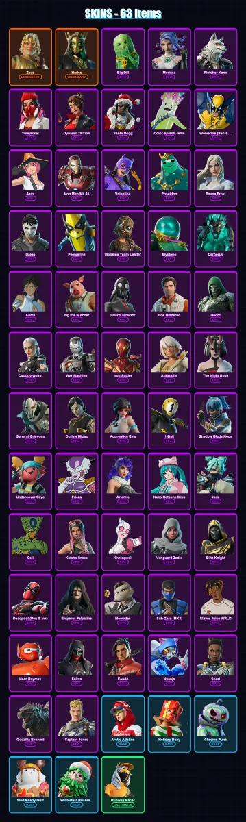 [PC/PSN] | Zeus | Hades | Big Dill | Medusa | Fletcher Kane | 63 skin | 120 pickaxe | 81 emote | 85 glider | Lv1446 — Fortnite account