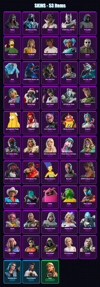 [PC/XBOX/PSN] | Felina | Exalted Ice King | Danica | O.M.E.G.A. Suit Alpha | Front Man | 53 skin | 100 pickaxe | 62 emote | 49 glider | Lv641
