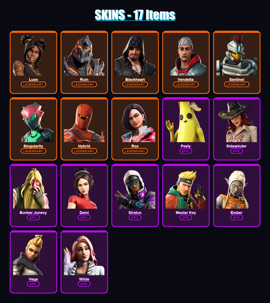 [PC/XBOX/PSN] | Luxe | Ruin | Blackheart | Vendetta | Sentinel | 17 skin | 20 pickaxe | 29 emote | 17 glider | Lv203