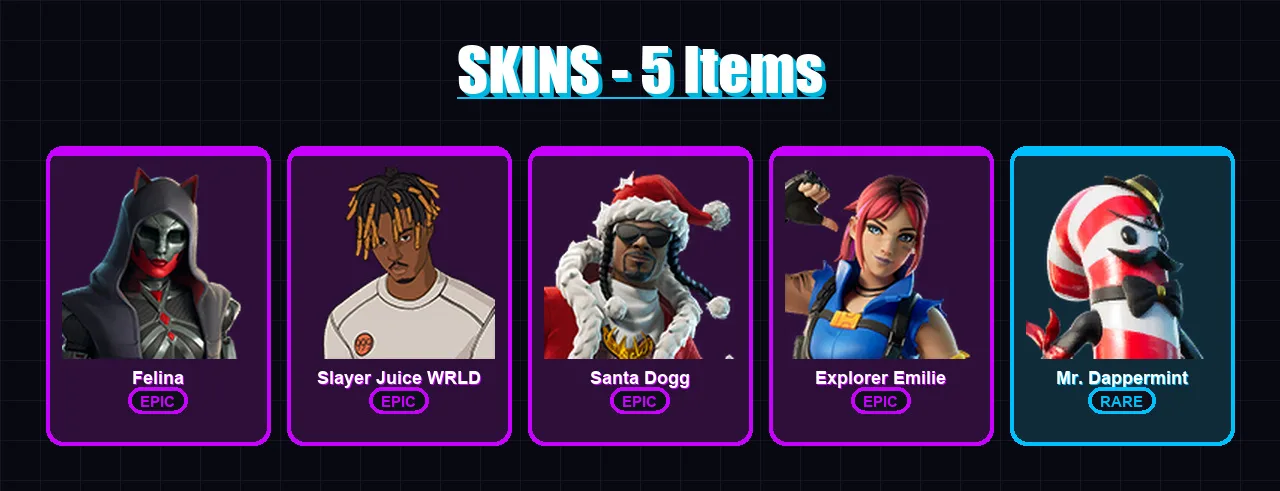 [PC/PSN] | Felina | Slayer Juice WRLD | Santa Dogg | Explorer Emilie | Mr. Dappermint | 5 skin | 34 pickaxe | 14 emote | 23 glider | Lv341