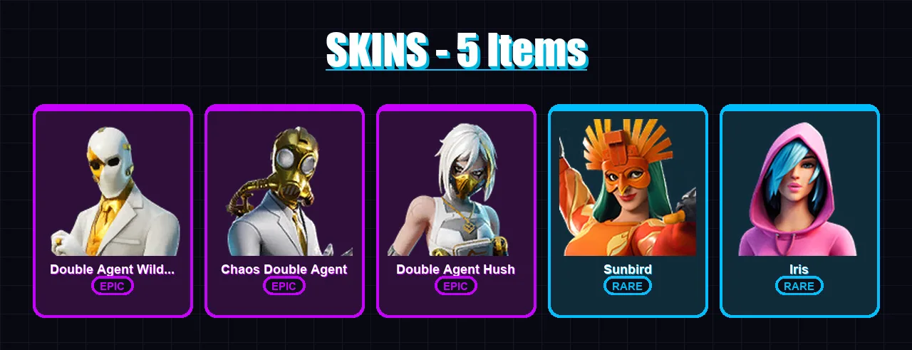 [PC/XBOX/PSN] | Double Agent Wildcard | Chaos Double Agent | Double Agent Hush | Sunbird | Iris | 5 skin | 7 pickaxe | 10 emote | 9 glider | Lv188