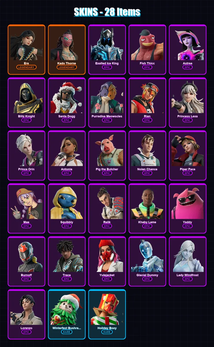 [PC/XBOX/PSN] | Era | Kado Thorne | Exalted Ice King | Fish Thicc | Astrea | 28 skin | 63 pickaxe | 30 emote | 42 glider | Lv542