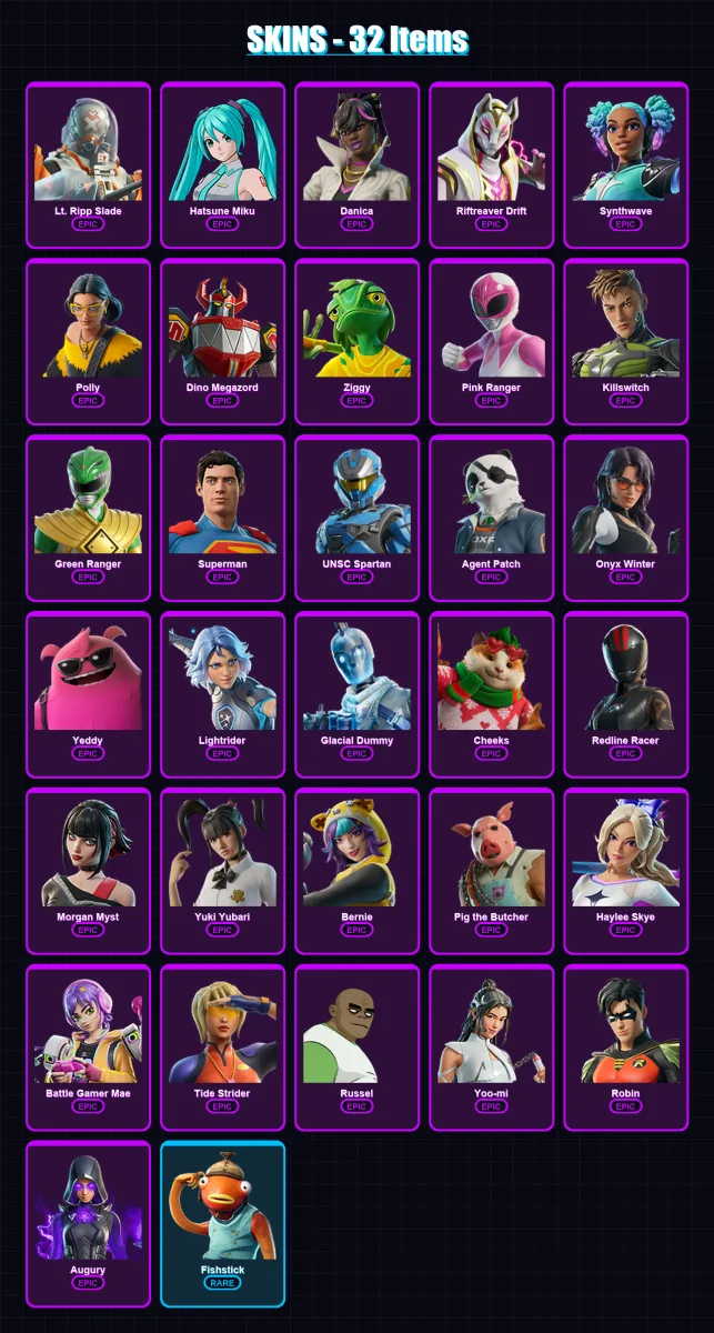 [PC/XBOX] | Lt. Ripp Slade | Hatsune Miku | Danica | Riftreaver Drift | Synthwave | 32 skin | 59 pickaxe | 36 emote | 38 glider | Lv586