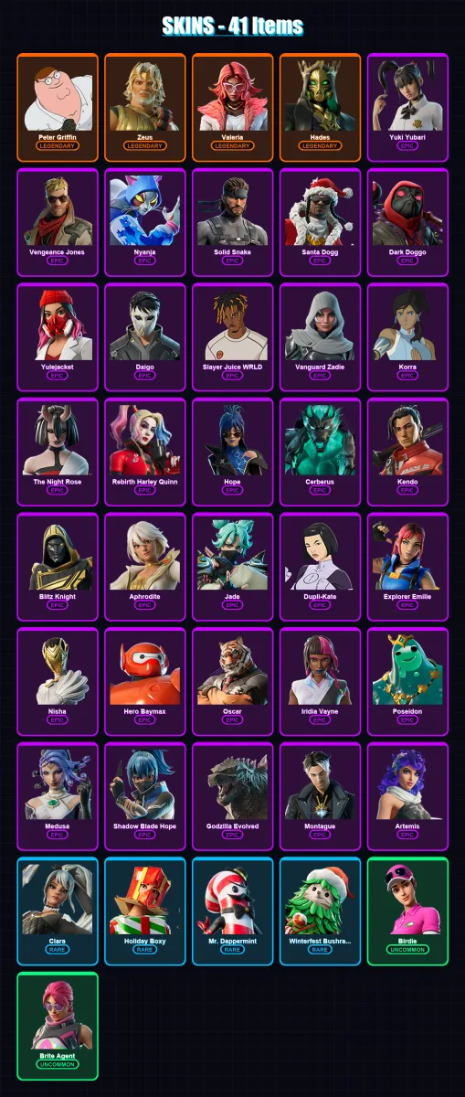 [PC/XBOX] | Peter Griffin | Zeus | Valeria | Hades | Yuki Yubari | 41 skin | 102 pickaxe | 57 emote | 67 glider | Lv1439