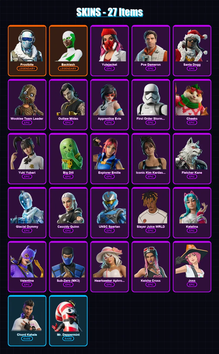 [PC/XBOX/PSN] | Frostbite | Backlash | Yulejacket | Poe Dameron | Santa Dogg | 27 skin | 60 pickaxe | 32 emote | 41 glider | Lv1034