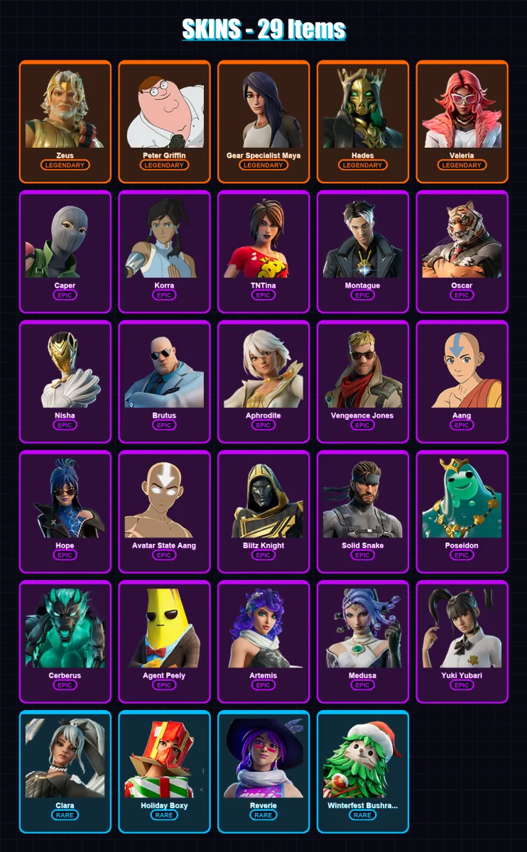 [PS4/PS5/PC] | Zeus | Peter Griffin | Gear Specialist Maya | Hades | Valeria | 29 skin | 49 pickaxe | 40 emote | 33 glider | Lv584