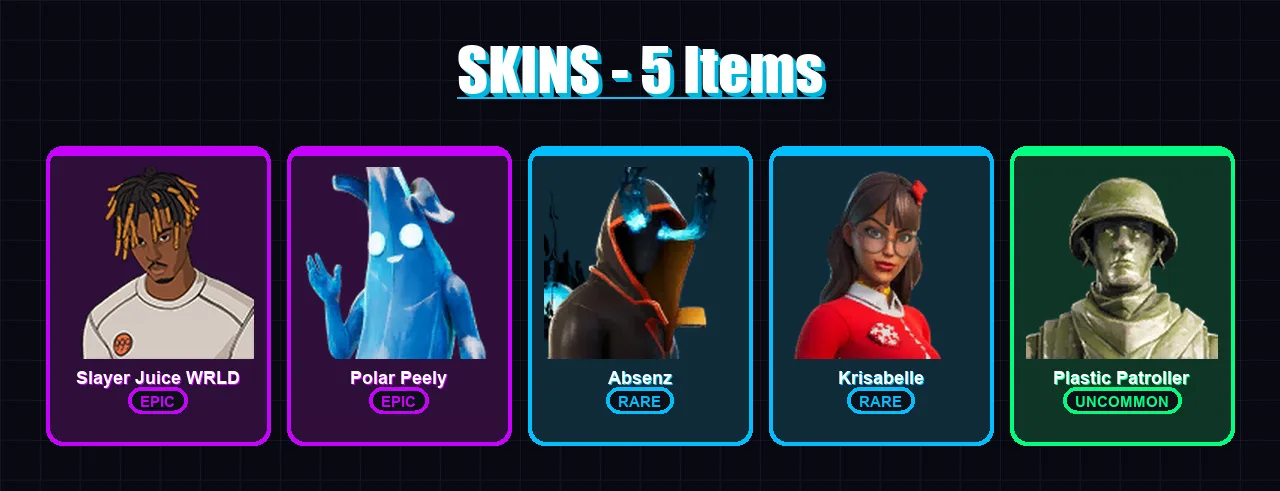 [PC/XBOX/PSN] | Slayer Juice WRLD | Polar Peely | Absenz | Krisabelle | Plastic Patroller | 5 skin | 11 pickaxe | 5 emote | 9 glider | Lv69