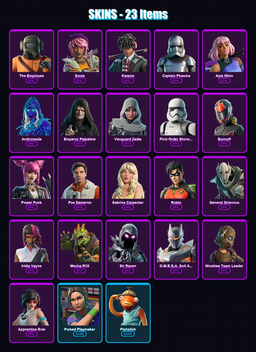 [PC/XBOX/PSN] | The Employee | Sonia | Kwame | Captain Phasma | Ayla Winn | 23 skin | 32 pickaxe | 21 emote | 21 glider | Lv270