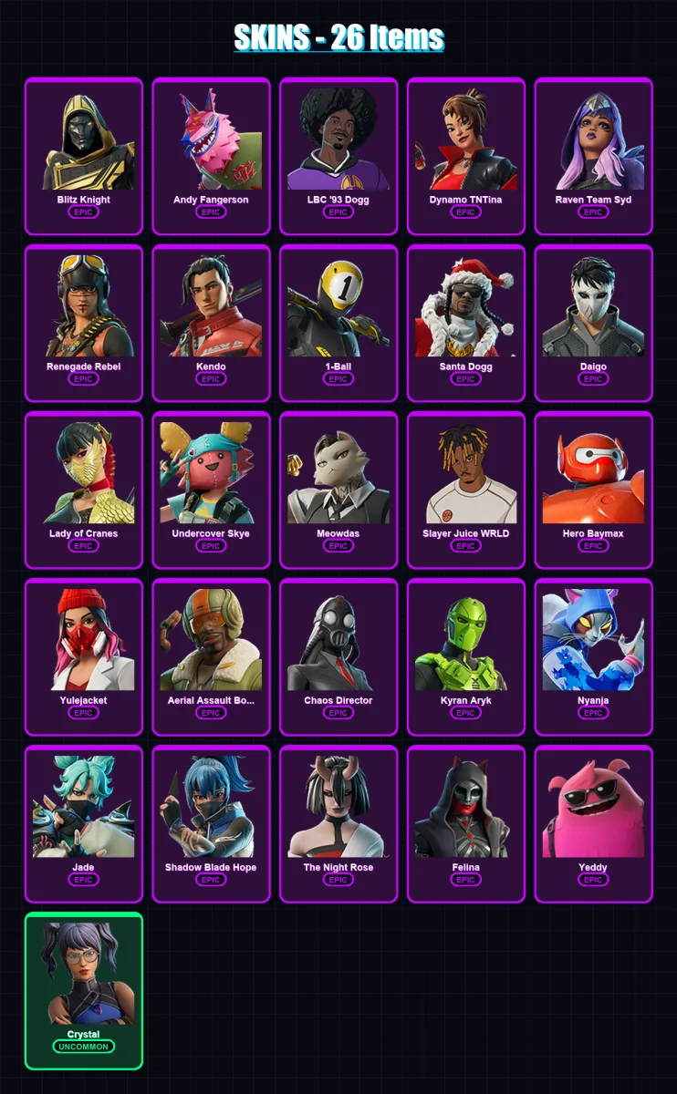 [PC/XBOX/PSN] | Blitz Knight | Andy Fangerson | LBC '93 Dogg | Dynamo TNTina | Raven Team Syd | 26 skin | 72 pickaxe | 30 emote | 47 glider | Lv630