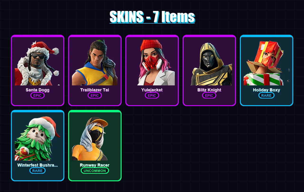 [PC/XBOX/PSN] | Santa Dogg | Trailblazer Tai | Yulejacket | Blitz Knight | Holiday Boxy | 7 skin | 37 pickaxe | 18 emote | 30 glider | Lv297