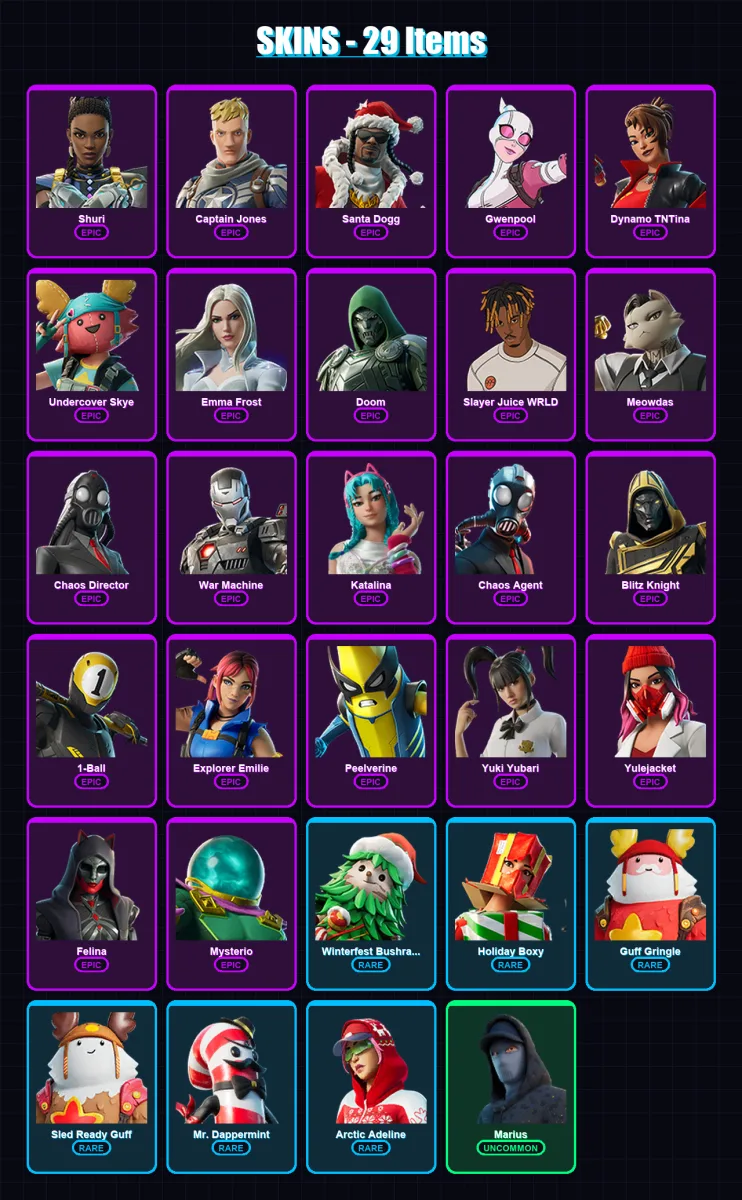 [PC/XBOX/PSN] | Shuri | Captain Jones | Santa Dogg | Gwenpool | Dynamo TNTina | 29 skin | 79 pickaxe | 42 emote | 52 glider | Lv1125